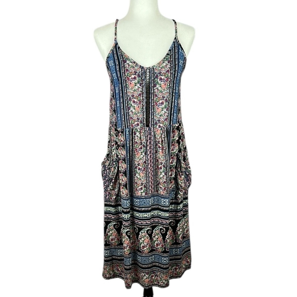 Angie Boho Floral Midi Dress Multicolor Strappy Rayon Summer Small